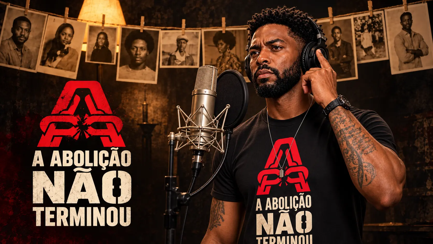 Arte da música A Abolição Não Terminou, com intérprete em estúdio e fotografias históricas ao fundo