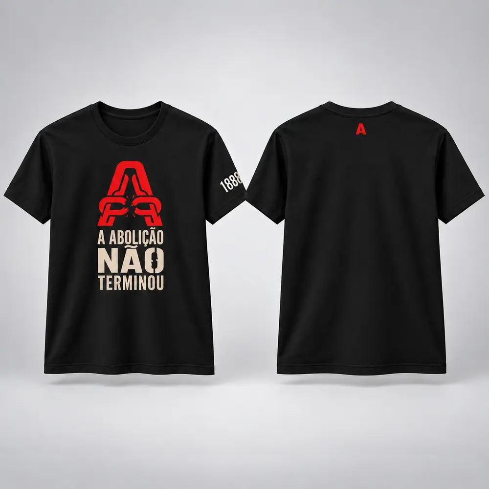 Camiseta preta da coleção A Abolição Não Terminou, vista de frente e de costas